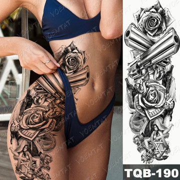 Large Arm Sleeve Tattoo Gun Rose Lion Waterproof Temporary Tattoo Sticker Clock Flower Waist Leg Body Art Full Fake Tatoo Women